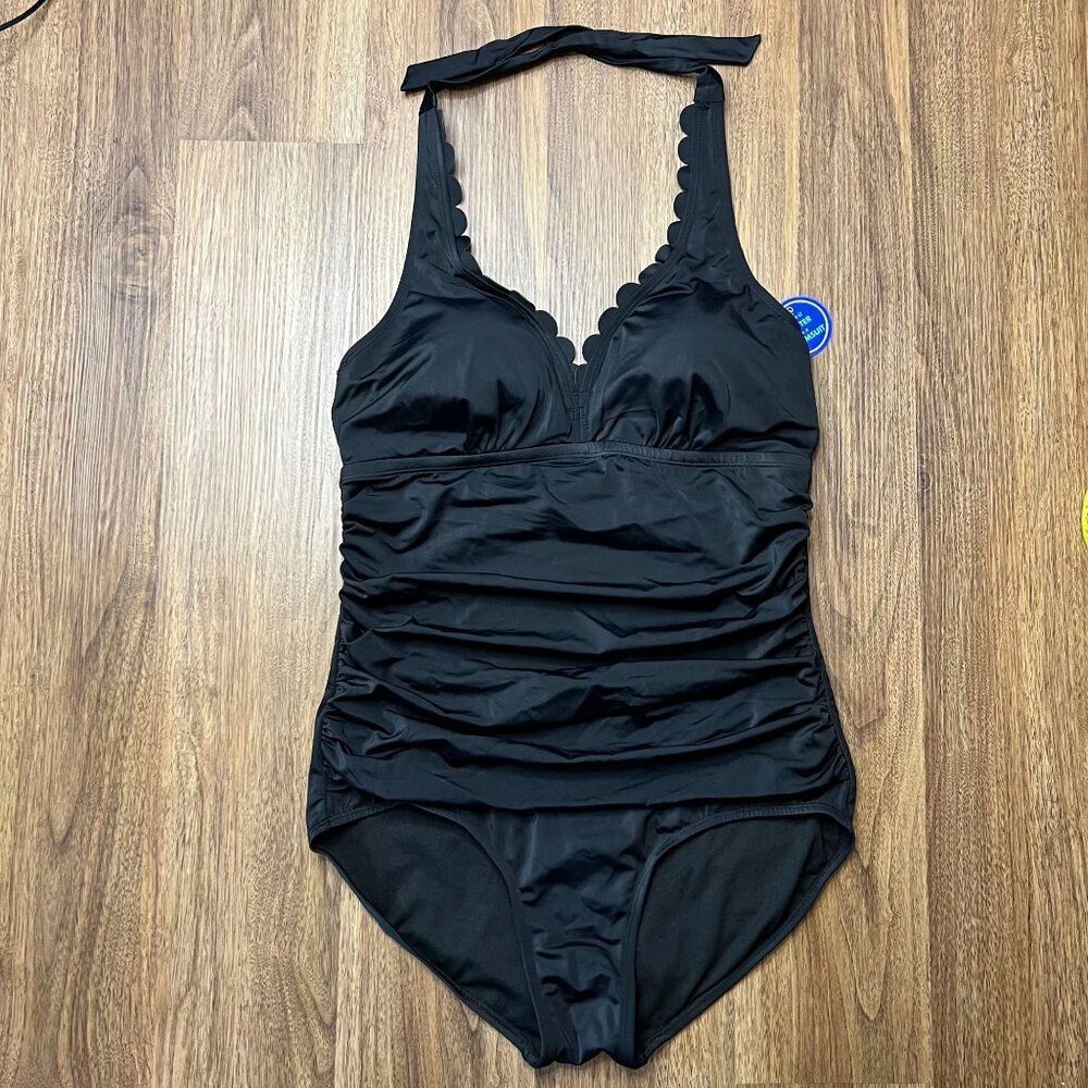 Swimsuits For‎ All NWT One Piece Halter Scallop V Neck Ruching Black Womens 14